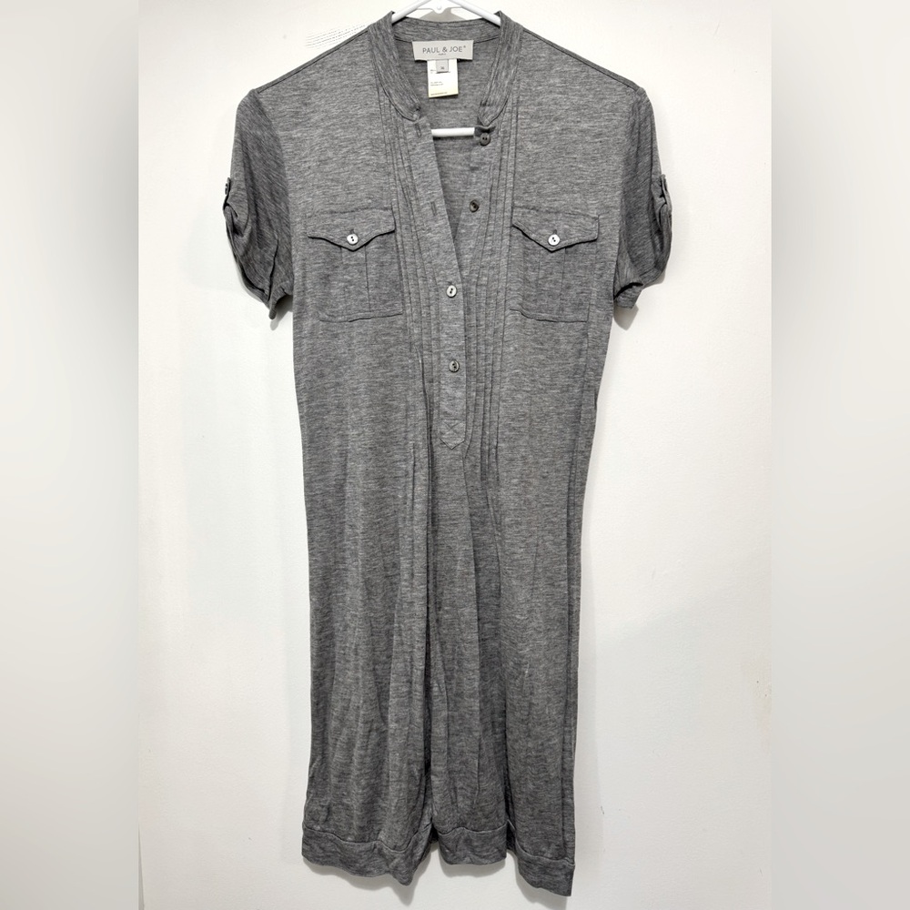 Paul & Joe Pleated Buttoned Short Sleeve Dress Grey Size 36